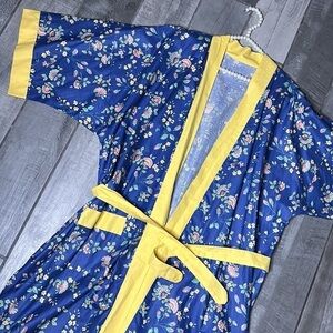 Vintage French cotton blue yellow floral house dressing robe and matching belt